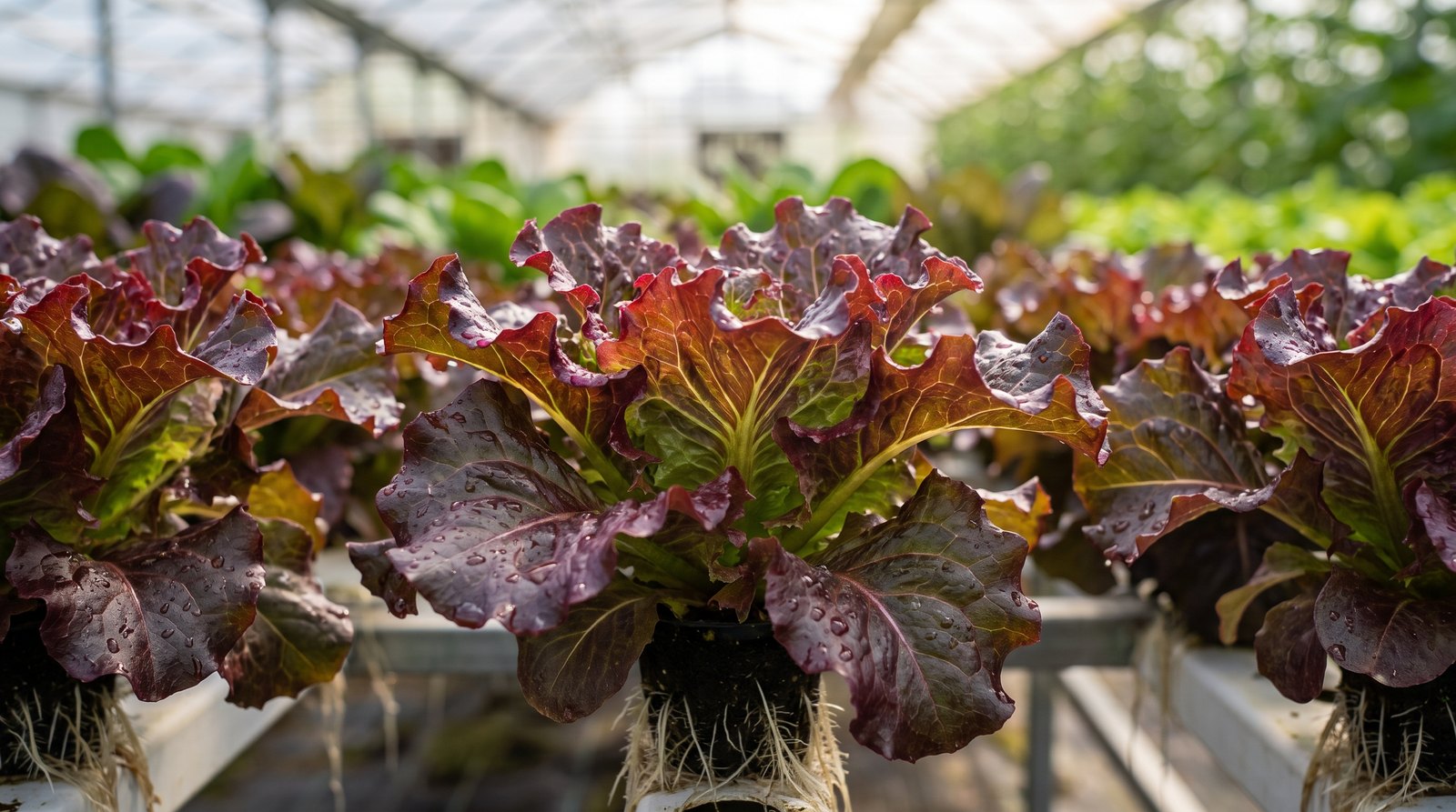 Alface roxa madura com bordas vinho intensas e nervuras esverdeadas, cultivada em estufa