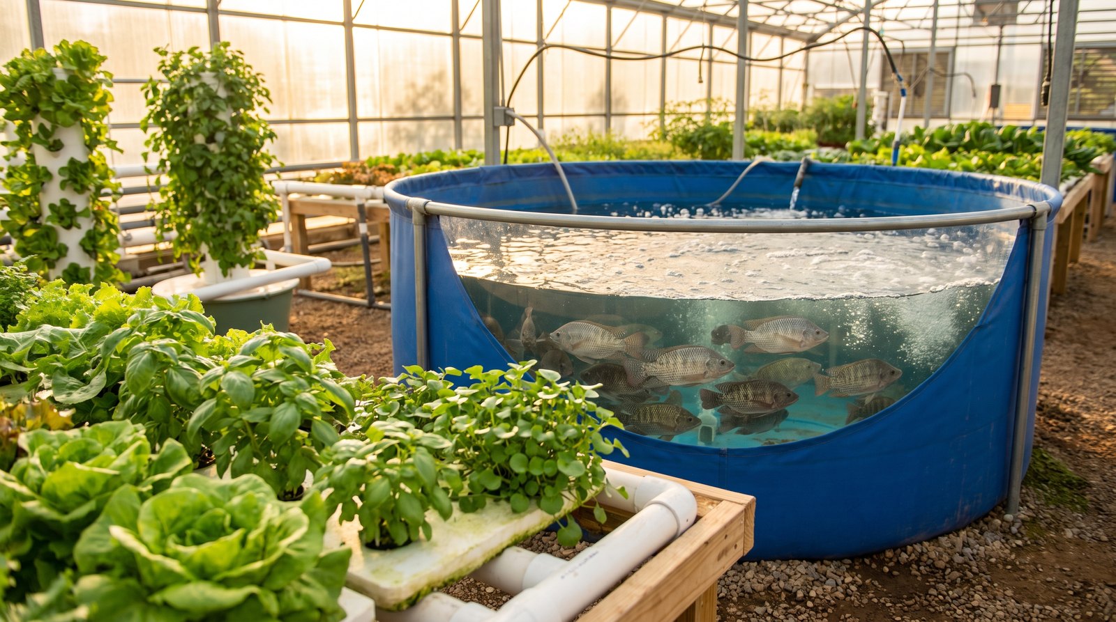 Tanque circular de lona com cardume de tilápias em sistema de aquaponia com aeração
