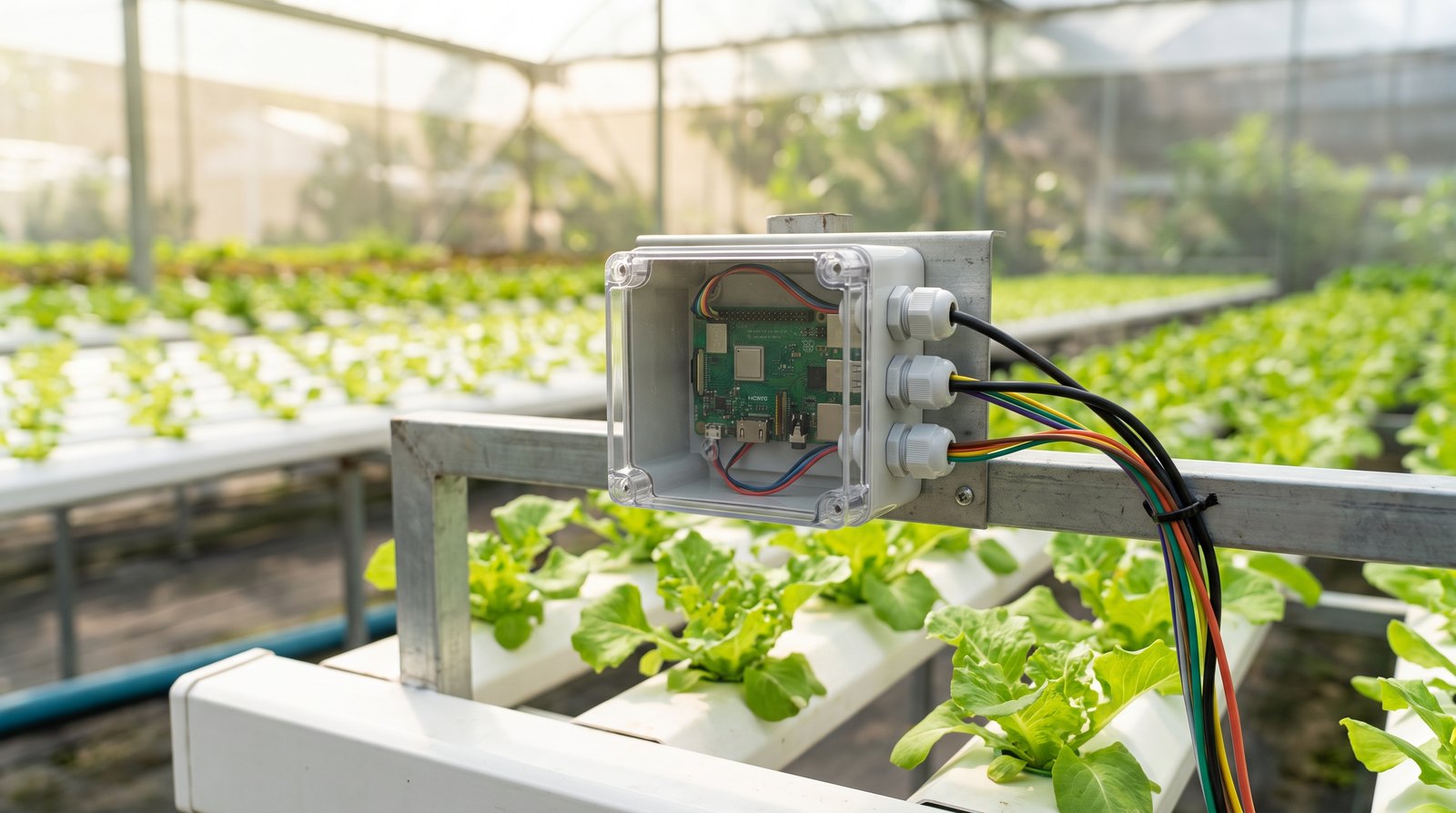 Placa ESP32 em caixa hermética instalada ao lado de bancada hidropônica com alfaces em perfis brancos