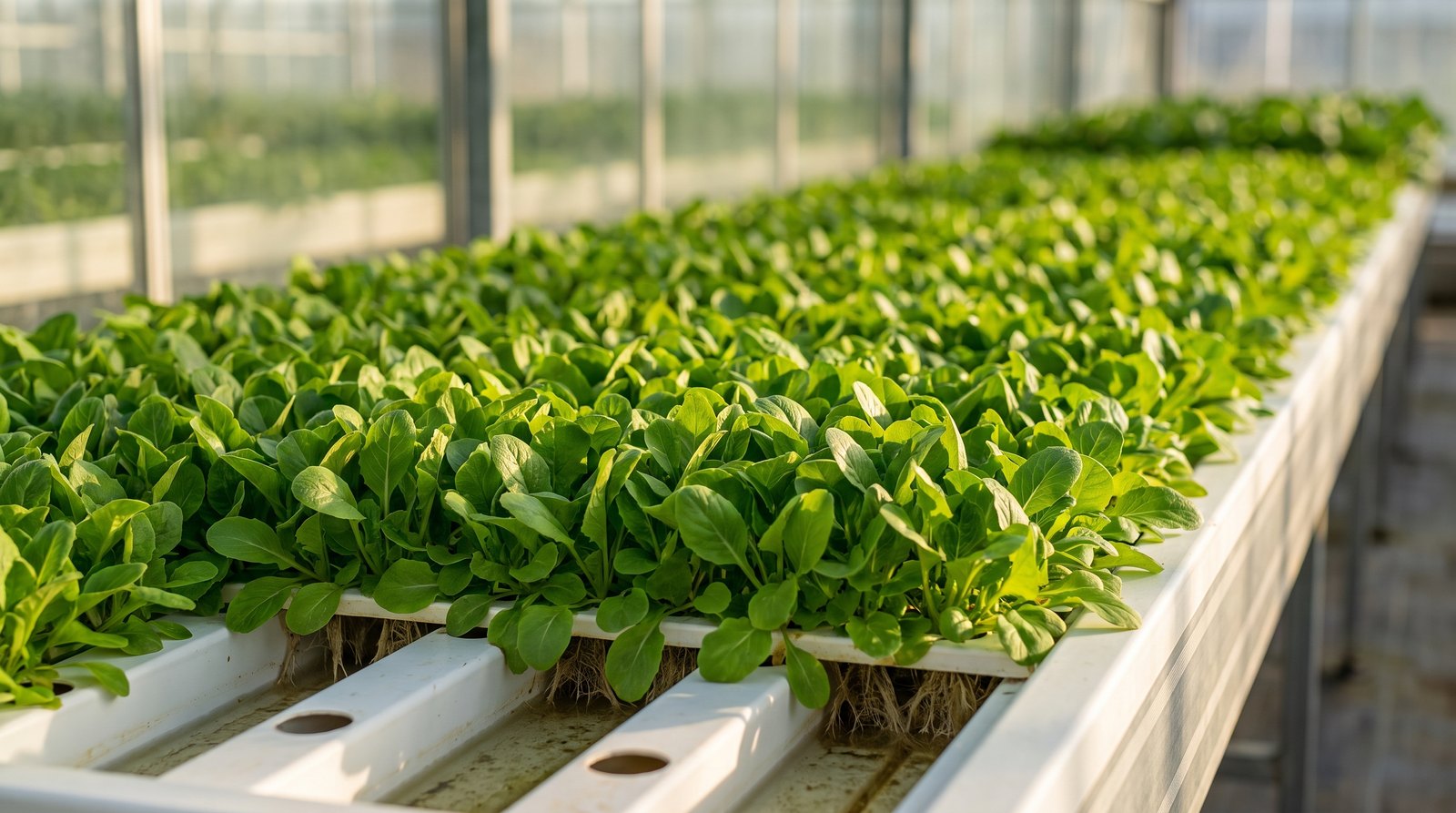 Bancada hidropônica com cama densa de folhas baby leaf jovens prontas para corte em estufa