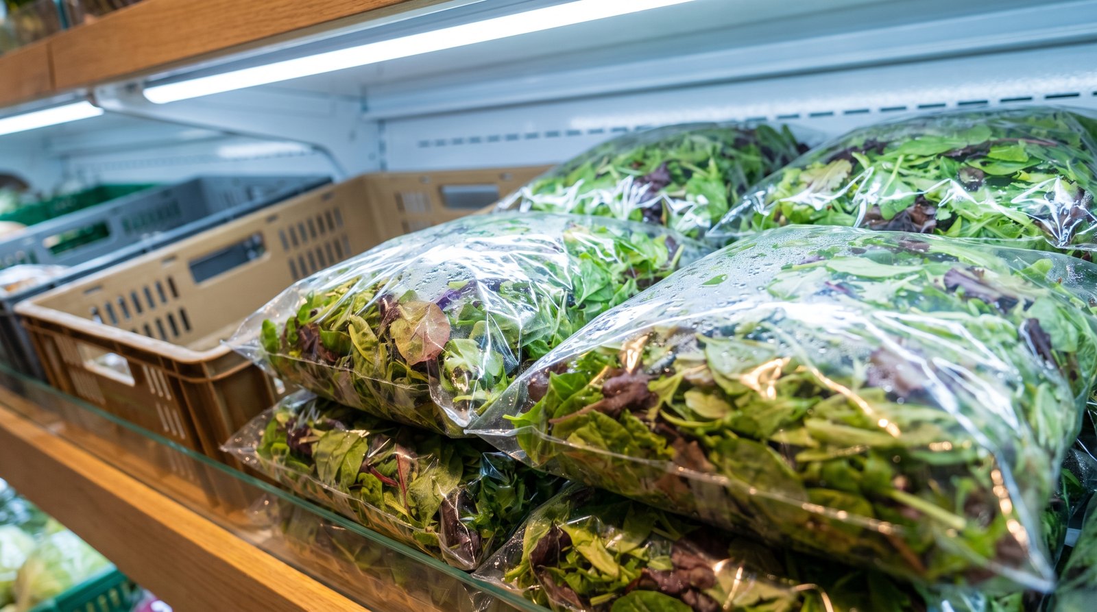Pacotes de mix de baby leaf embalados e refrigerados em gôndola de varejo premium