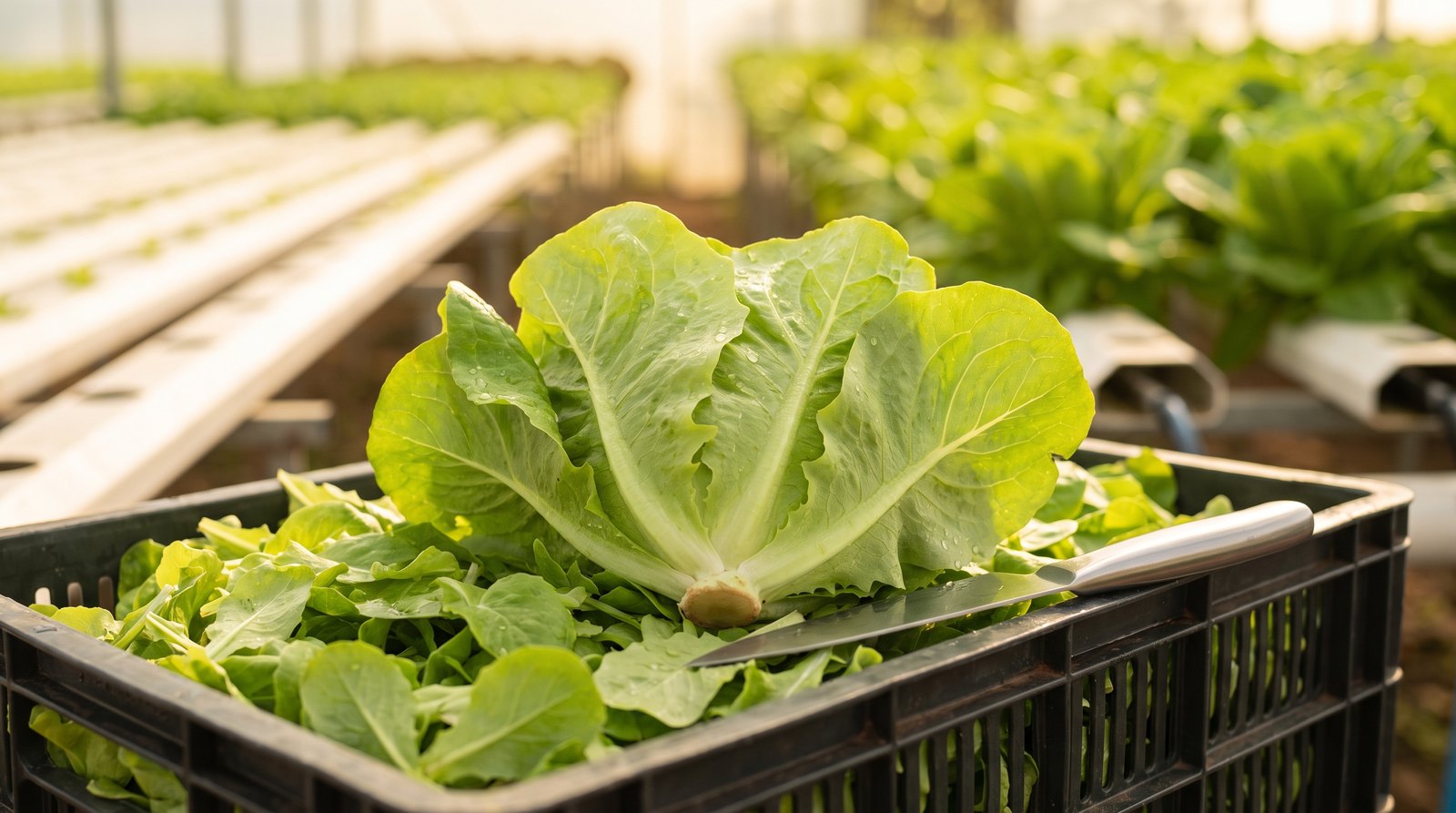 Produtor corta roseta de alface Salanova rente à base liberando folhas baby leaf uniformes