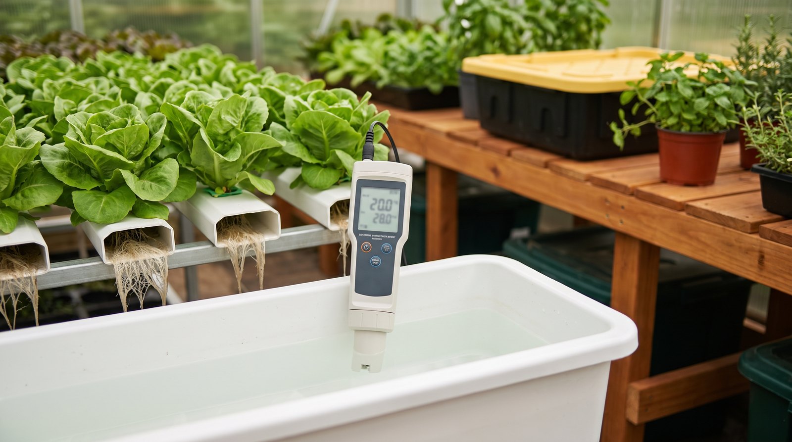 Medidor de condutividade elétrica em solução nutritiva de sistema hidropônico NFT com alfaces