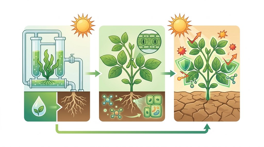 Diagrama do bioestimulante de alga capturando EROs e fechando estômatos para proteger a planta na seca