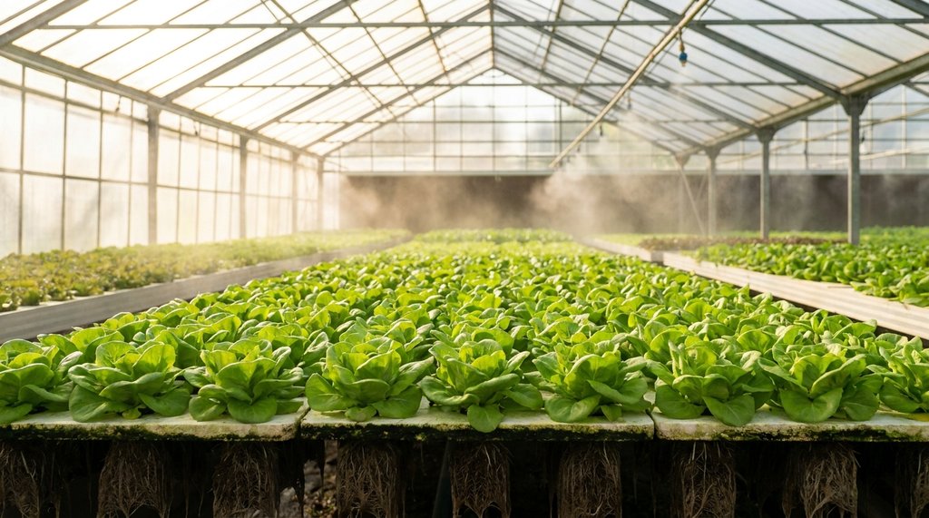 Hortaliças folhosas em estufa de ambiente protegido onde o bioestimulante de alga reforça o vigor das mudas