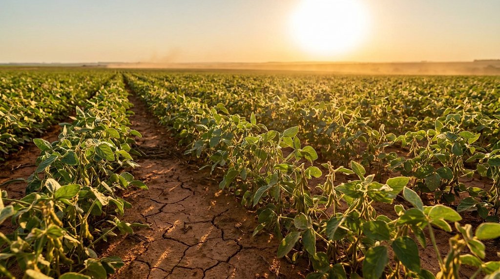 Lavoura de soja sob sol intenso e solo seco ilustrando o manejo de estresse hídrico no El Niño 2026