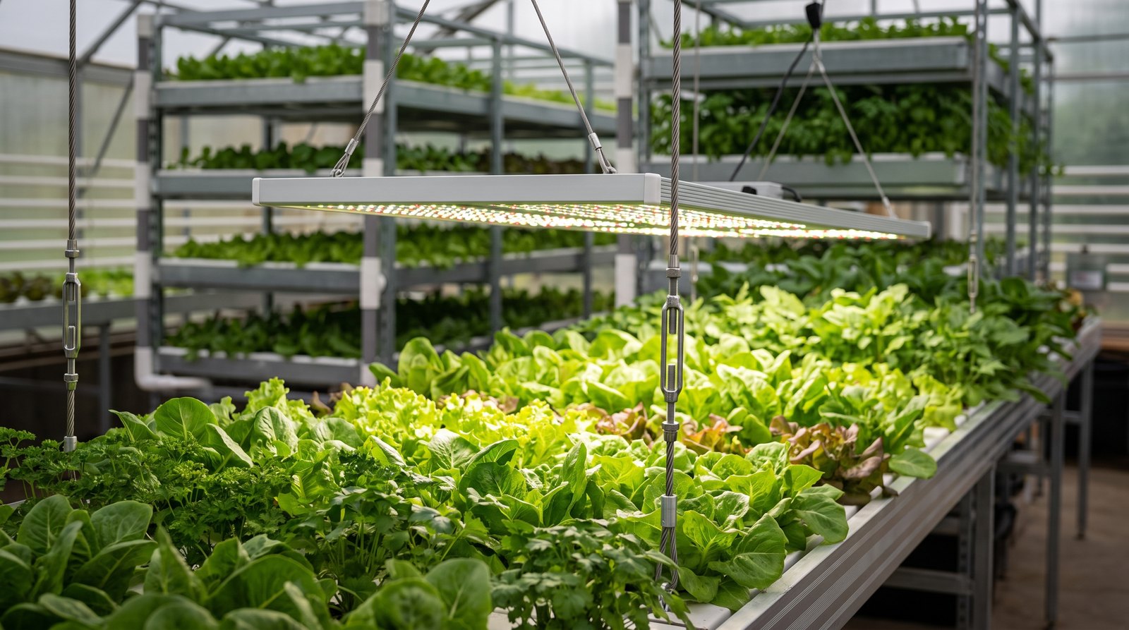 Mãos ajustando a altura de um painel LED suspenso sobre bancada de folhosas em cultivo indoor