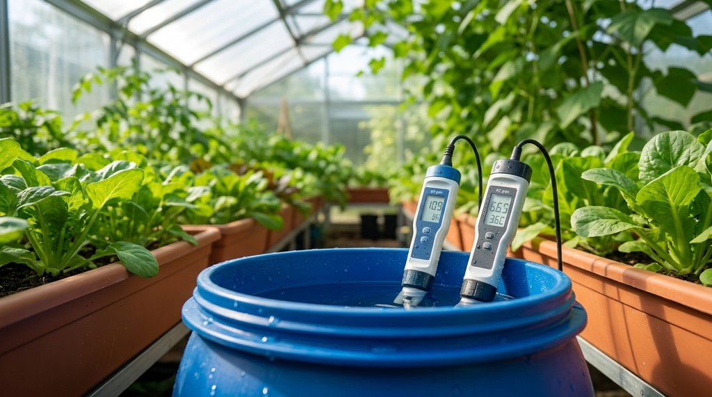 Medição diária de pH e EC com canetas digitais em solução nutritiva hidropônica