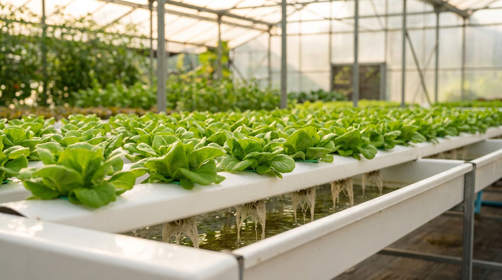 Bancada de hidroponia NFT com alfaces uniformes cultivadas em estufa o ano todo