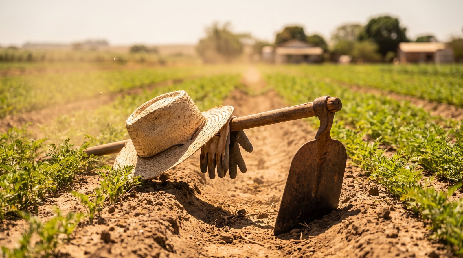 Trabalhador rural capinando manualmente com enxada uma lavoura de hortaliça de raiz sob sol forte