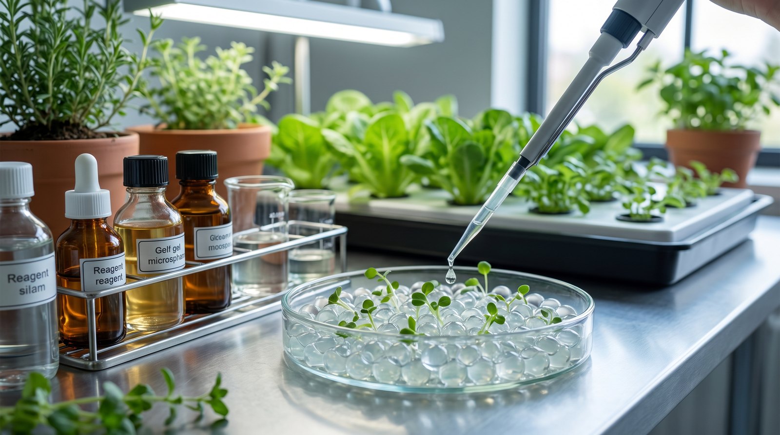 Microesferas de celulose com fungo bioinseticida em teste de laboratório com pipeta gotejando solução