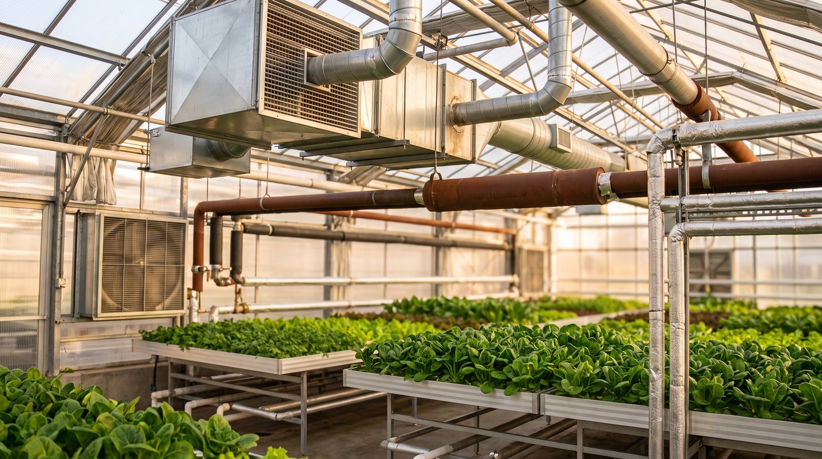 Dutos de climatização e exaustores sobre bancadas de folhosas em fazenda de agricultura em ambiente controlado no Brasil