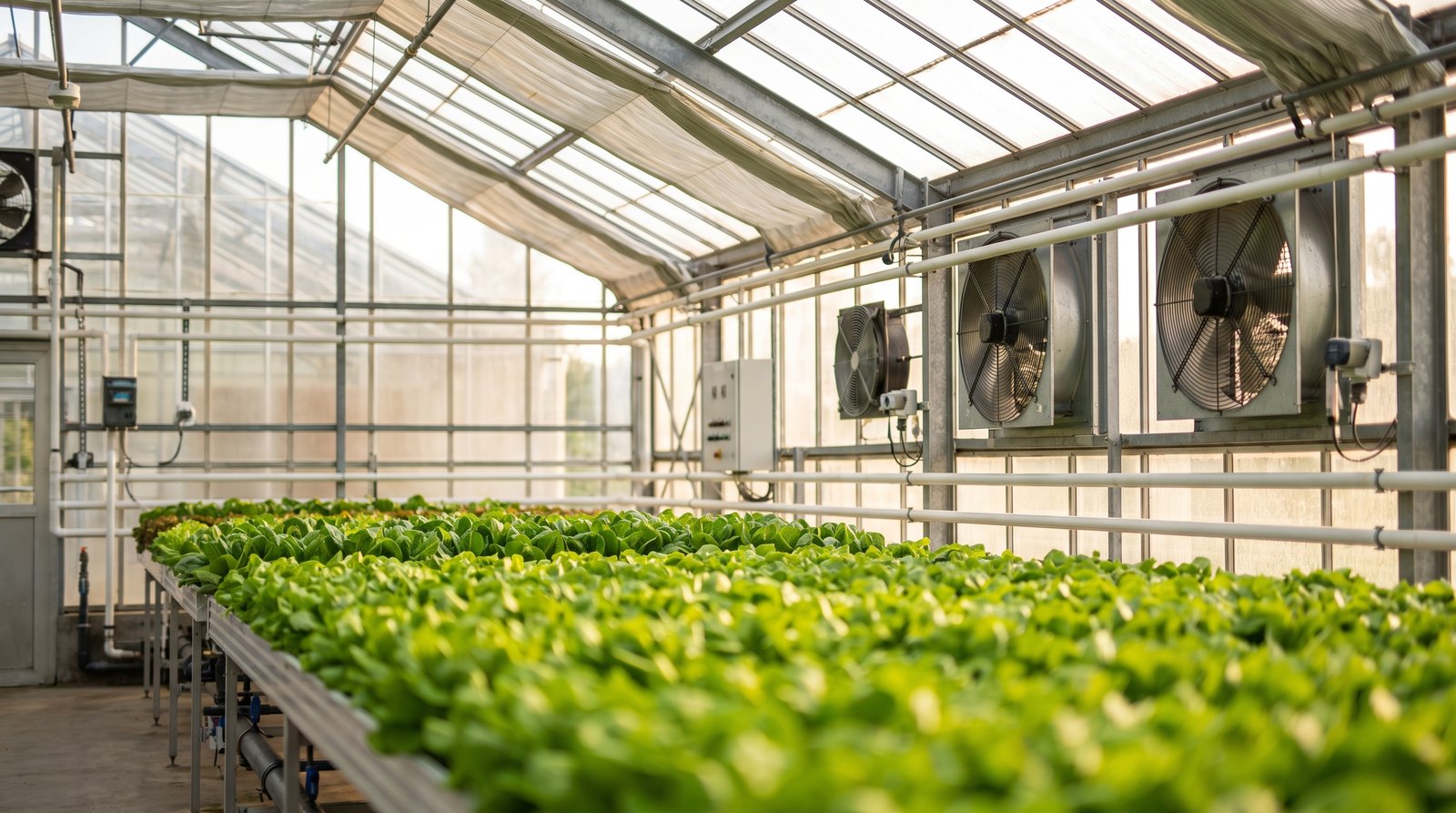 Estufa climatizada de agricultura em ambiente controlado com cortina térmica e exaustores sobre bancadas de alface