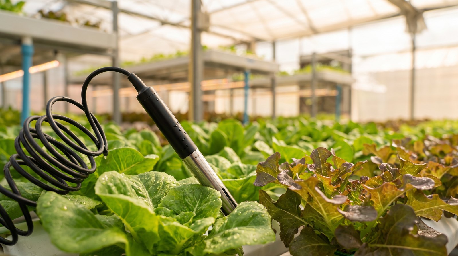 Sensor de CO2 e umidade instalado entre folhas de alface em agricultura em ambiente controlado