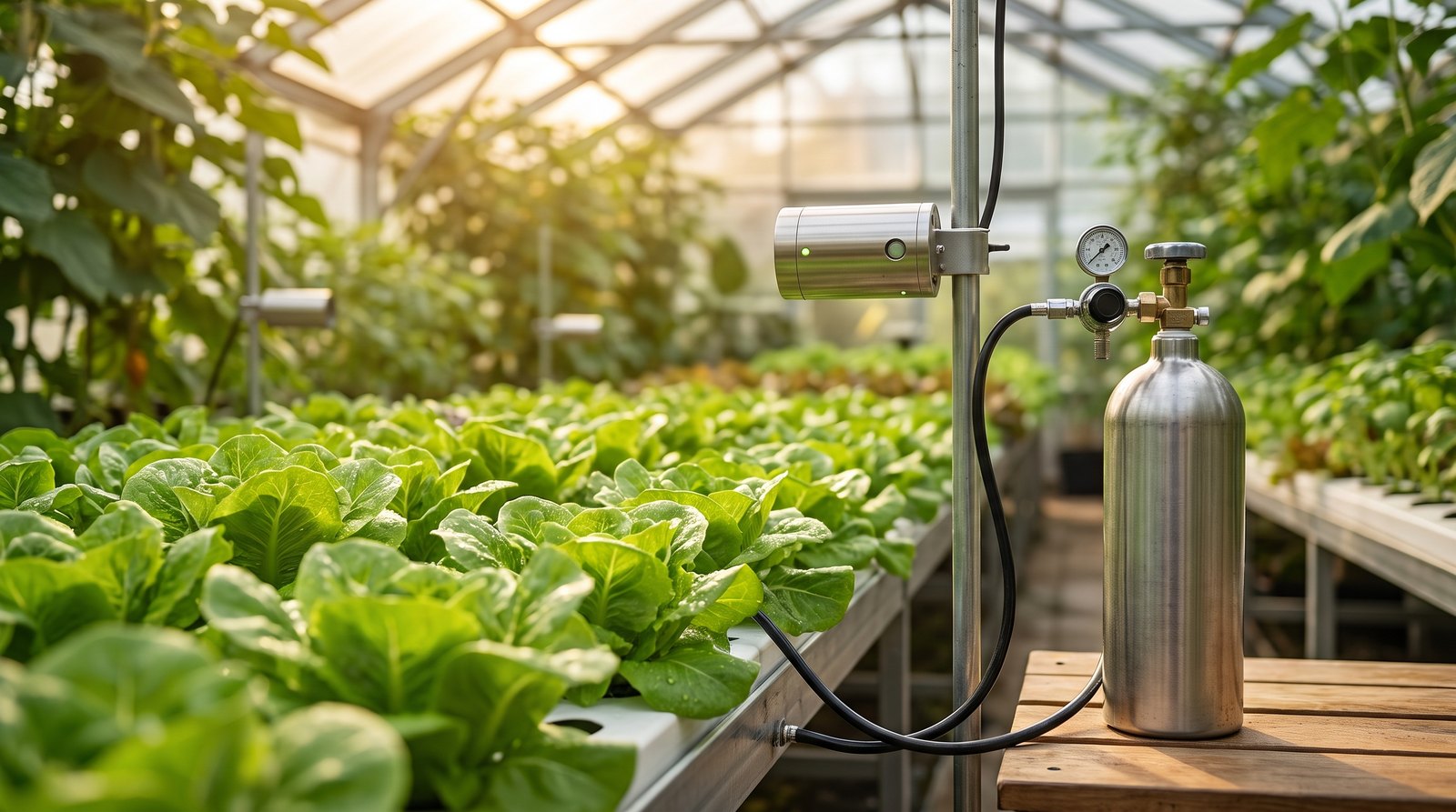Cilindro de CO₂ com regulador e sensor instalado sobre bancada de alface em cultivo indoor