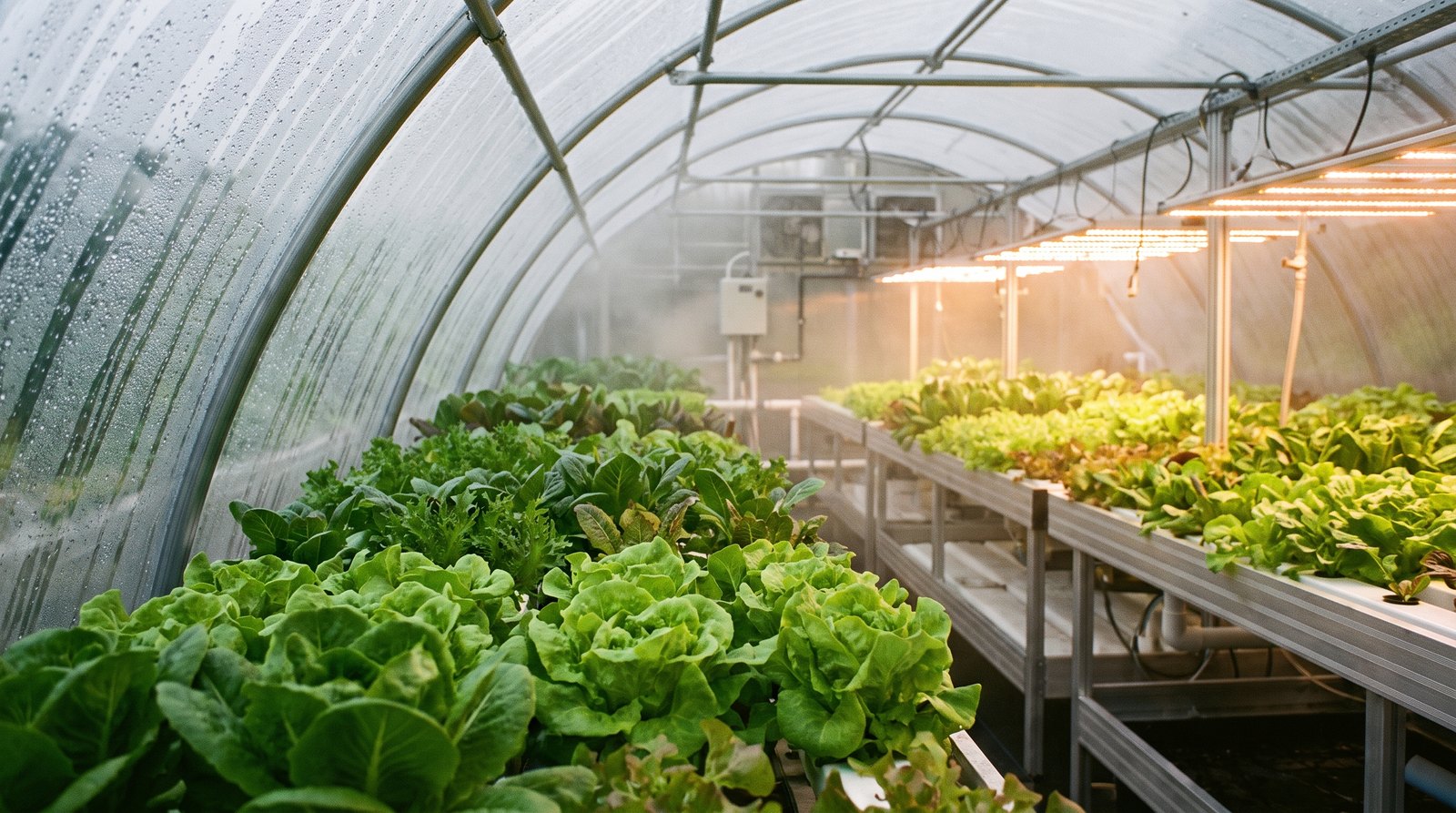 Condensação na cobertura de sala de cultivo indoor com bancadas de alface sob luz LED