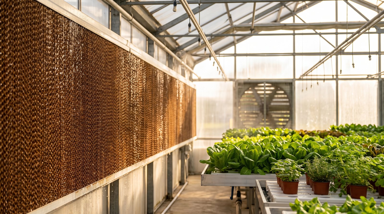 Painel evaporativo de celulose com água escorrendo em estufa de climatização pad-fan