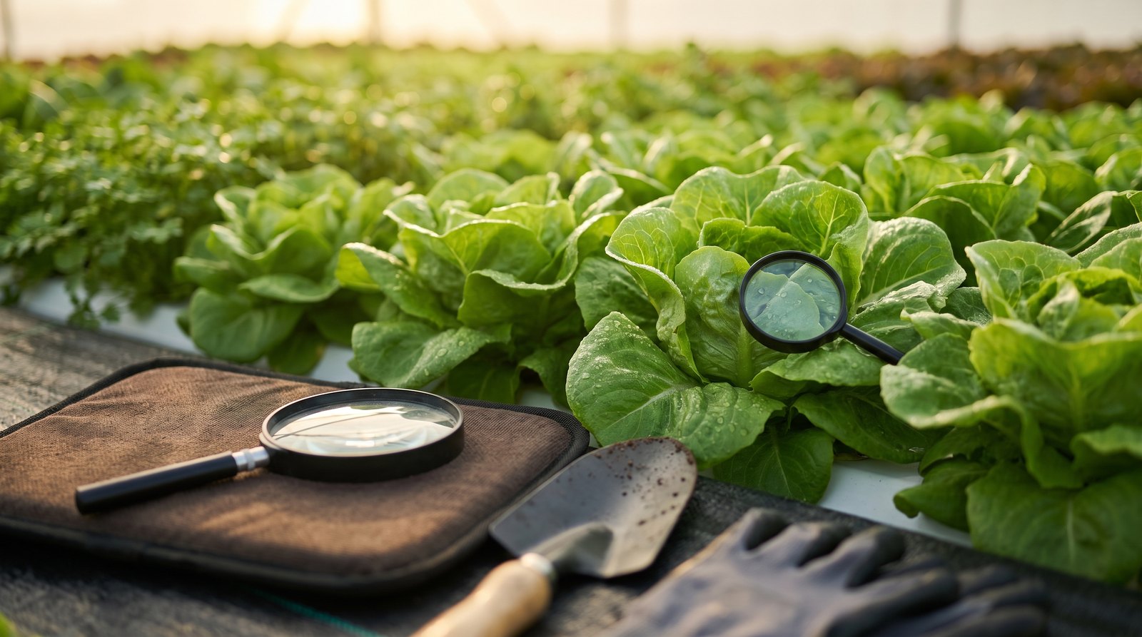 Horticultor virando folha de alface com lupa para monitorar pulgão na horta caseira