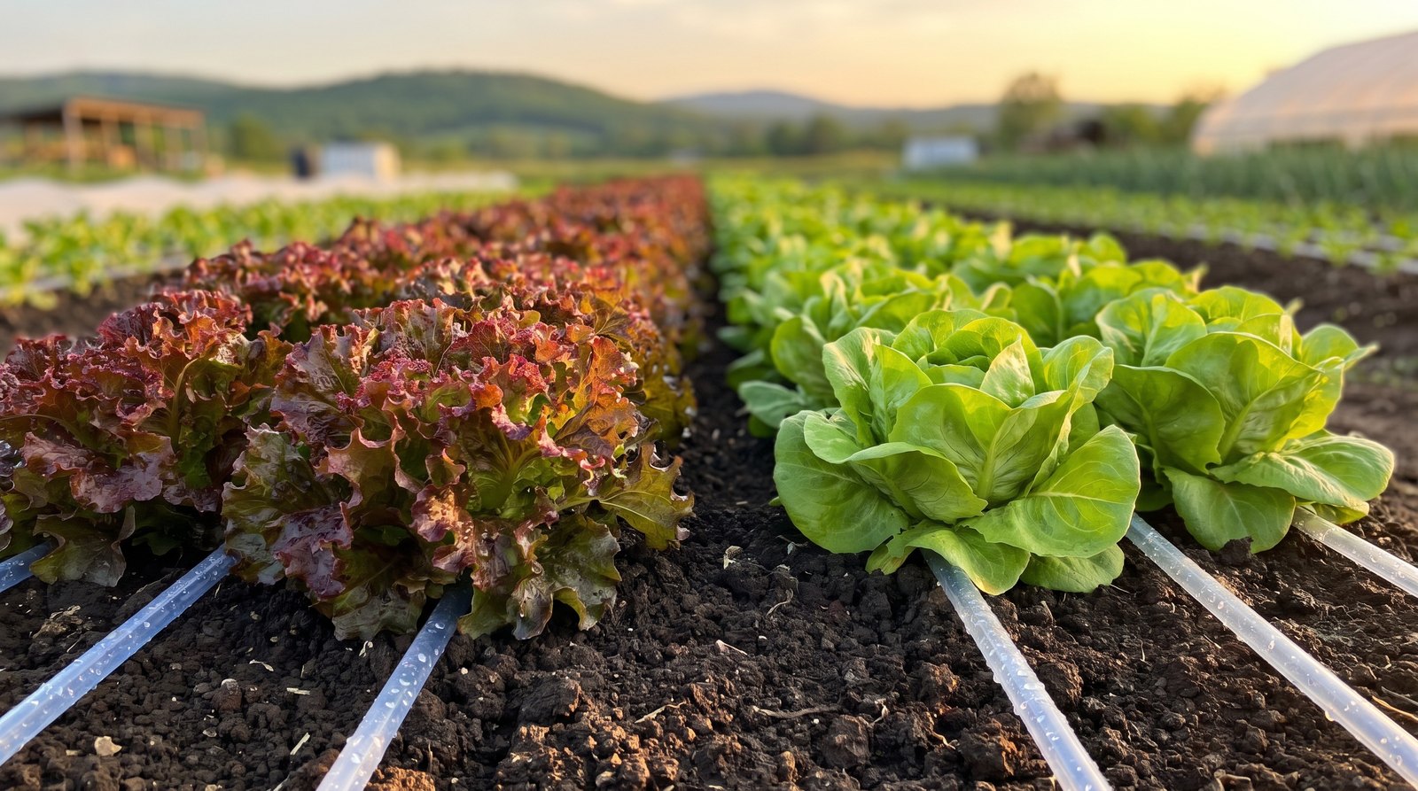 Canteiro comparativo com duas cultivares de alface diferentes plantadas lado a lado em campo