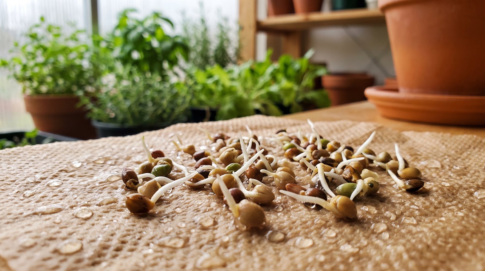 Sementes de hortaliça germinando em papel toalha úmido com radículas brancas emergindo do tegumento