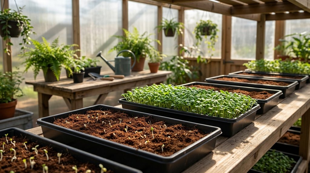 Bandejas de microverdes em três estágios de crescimento sobre bancada de cozinha com luz natural