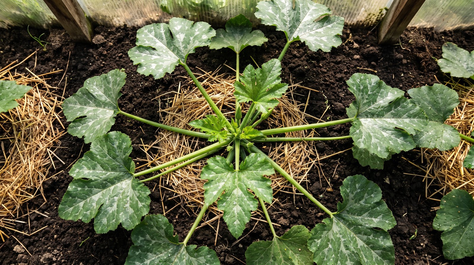 Planta de abobrinha de moita vista de cima ocupando área larga em canteiro com folhas em roseta