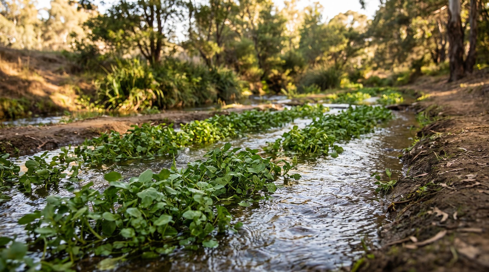 Cultivo tradicional de agrião-d'água em leito inundado por água corrente ao ar livre no Brasil