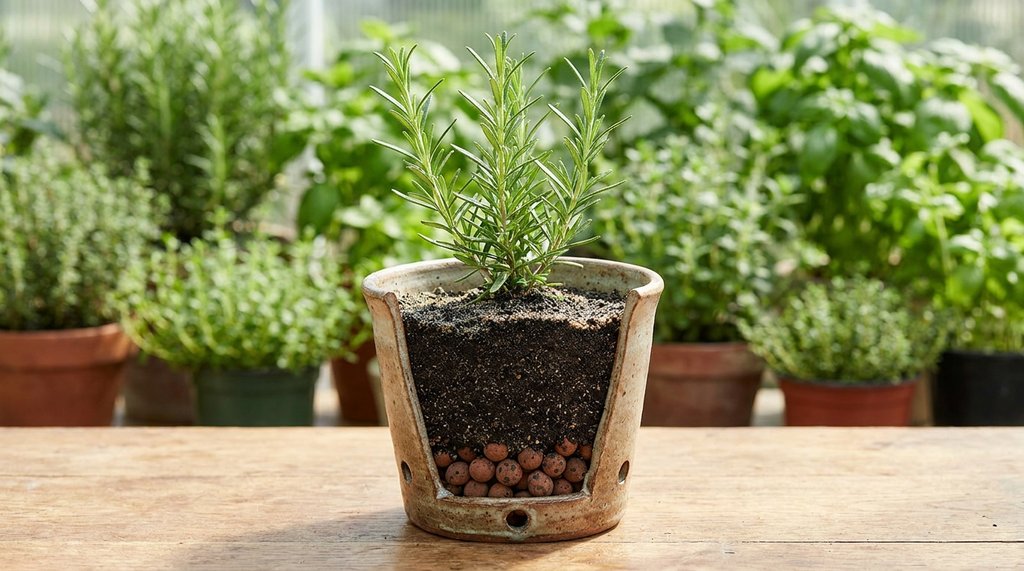 Mãos plantando muda de alecrim em vaso de barro com camada drenante de argila expandida e substrato arenoso