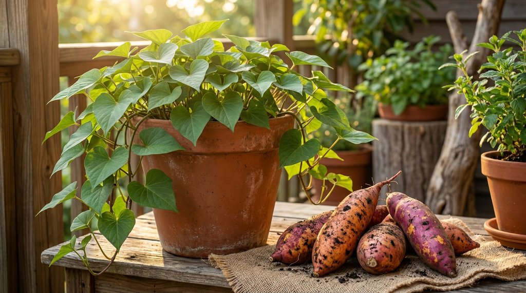 Raizes de batata-doce recem-colhidas ao lado de vaso com ramas verdes em varanda ensolarada em casa