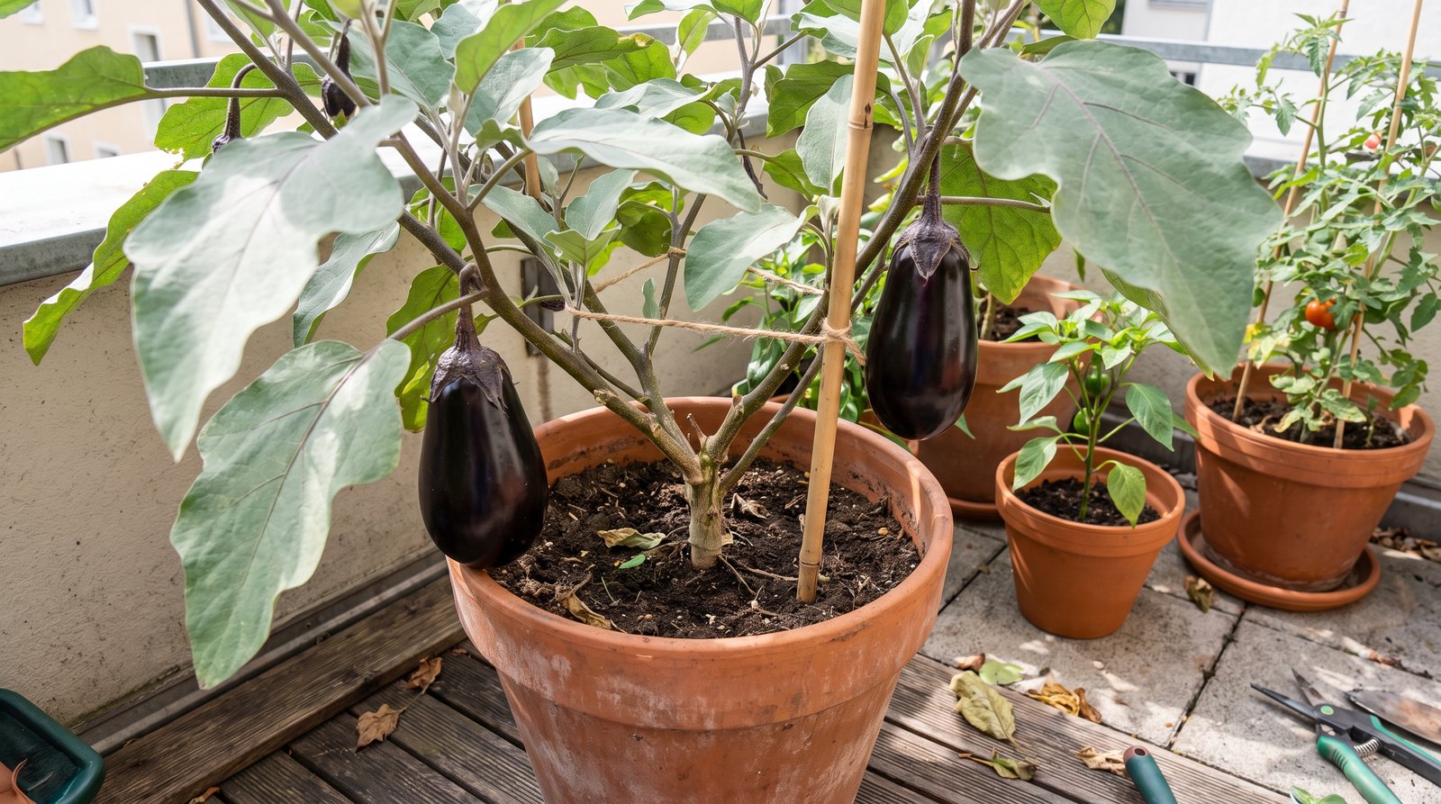 Berinjeira adulta com frutos roxos em vaso grande tutorado com bambu em varanda ensolarada