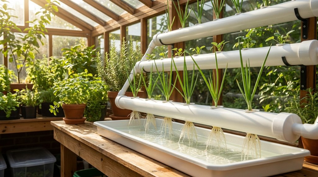 Mudas de cebolinha cultivadas em sistema hidropônico caseiro com raízes brancas na solução