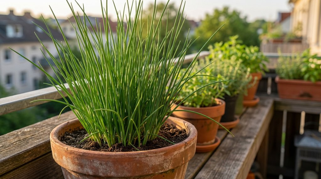 Touceira de cebolinha verde cultivada em vaso de barro numa varanda com luz natural