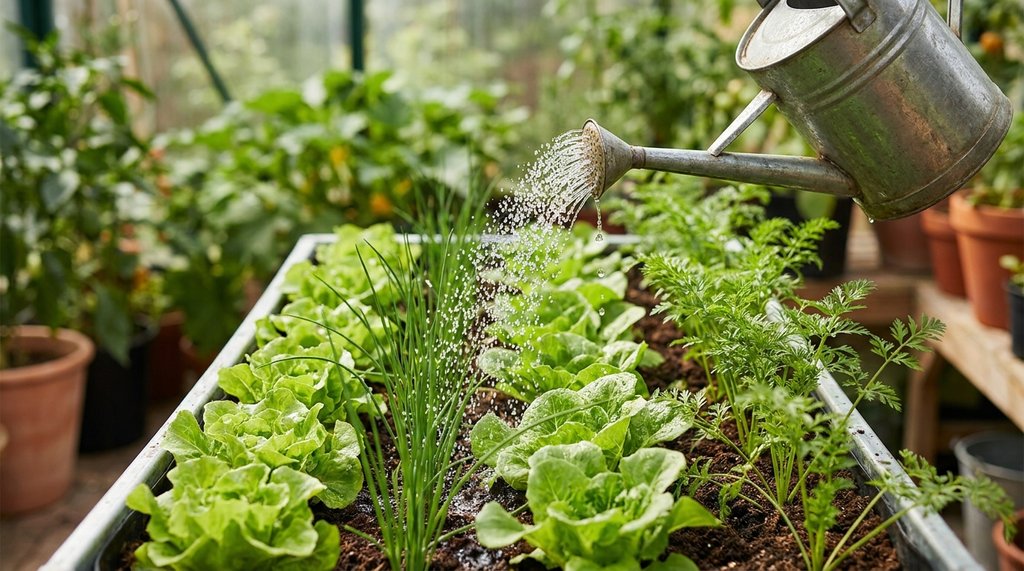 Jardineira com cenoura, cebolinha e alface consorciadas sendo regadas em jato fino, folhagem verde variada em vista superior