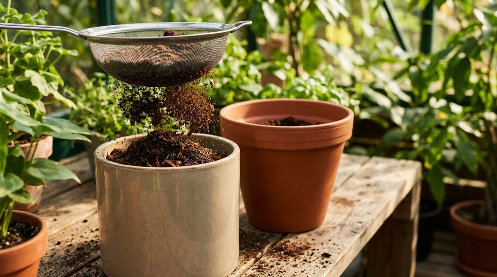 Mãos peneirando substrato escuro e fofo sobre vaso alto para plantar cenoura, com fibra de coco e húmus na mistura