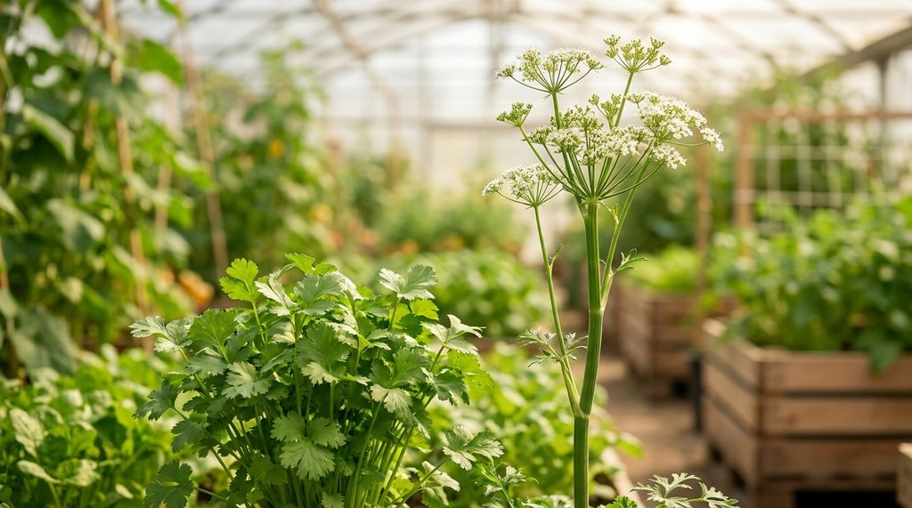 Planta de coentro pendoada com haste floral e flores brancas ao lado de uma planta folhosa e saudável