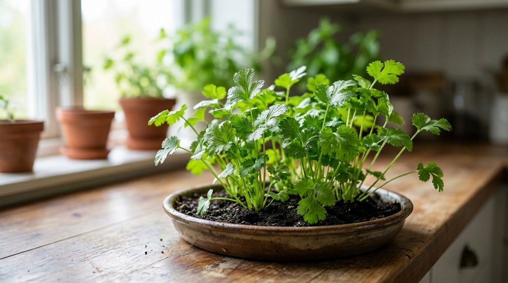 Planta de coentro verde e viçosa com folhas pinadas cultivada em vaso de cerâmica numa bancada de cozinha