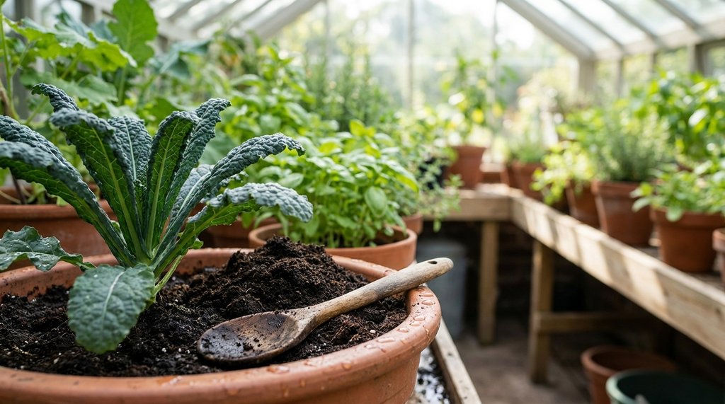 Mãos de cultivador incorporando adubo orgânico à borda de um vaso de couve para a adubação de cobertura