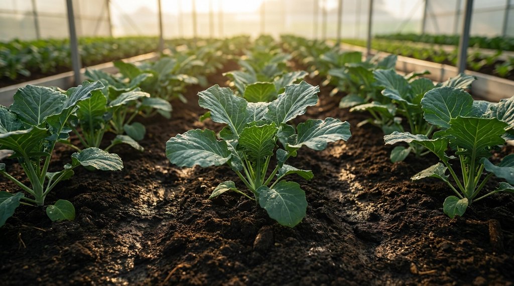 Pés de couve adultos plantados em fileiras espaçadas num canteiro de horta com solo úmido ao sol da manhã