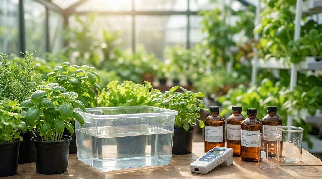 Preparo de solucao nutritiva para espinafre hidroponico com medidor de pH e EC e frascos de nutrientes junto ao reservatorio