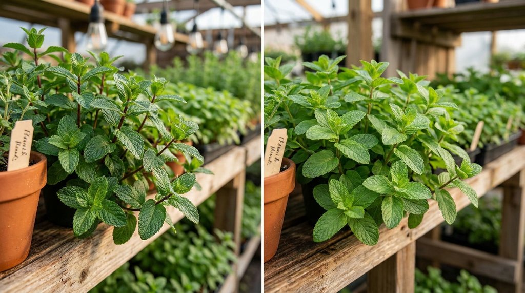 Comparação em close das folhas de hortelã-pimenta escura e hortelã-comum verde-clara mostrando as diferenças