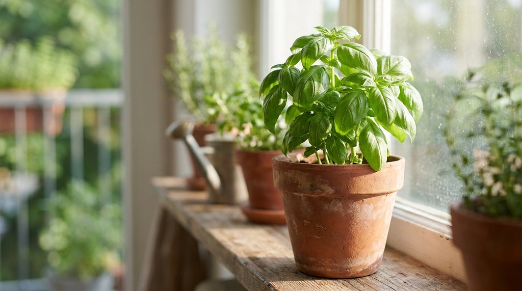 Manjericão Genovese viçoso cultivado em vaso de cerâmica recebendo luz da manhã numa varanda