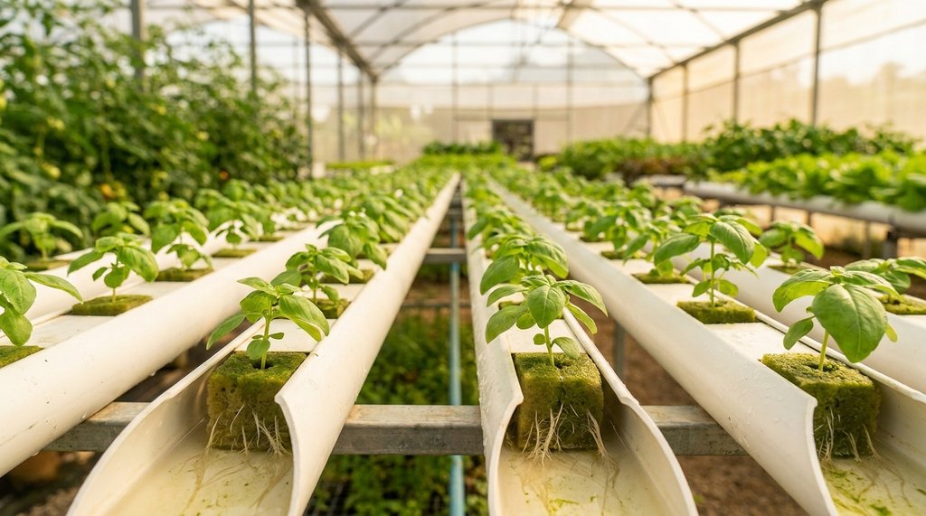 Mudas de manjericão cultivadas em canaletas de hidroponia NFT com raízes brancas banhadas pela solução