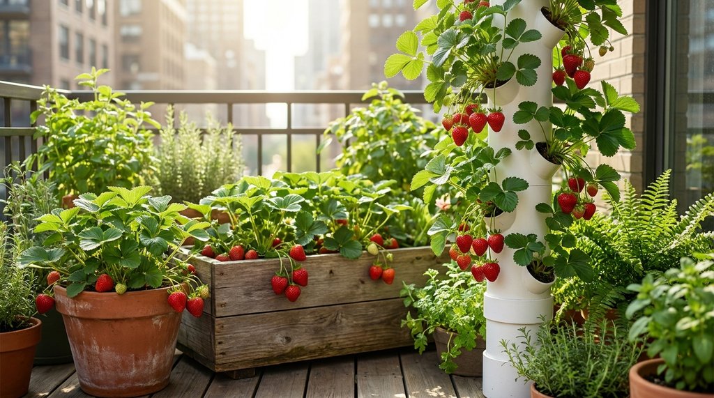 Morangueiros com frutos vermelhos maduros em vasos e jardineira numa sacada urbana iluminada