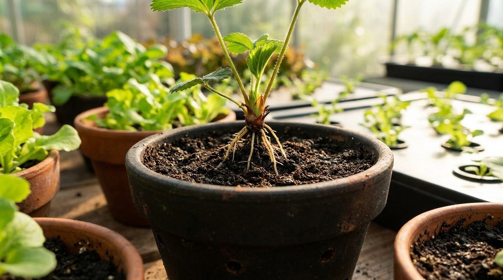 Muda de morango plantada em vaso com a coroa posicionada acima do nivel do substrato