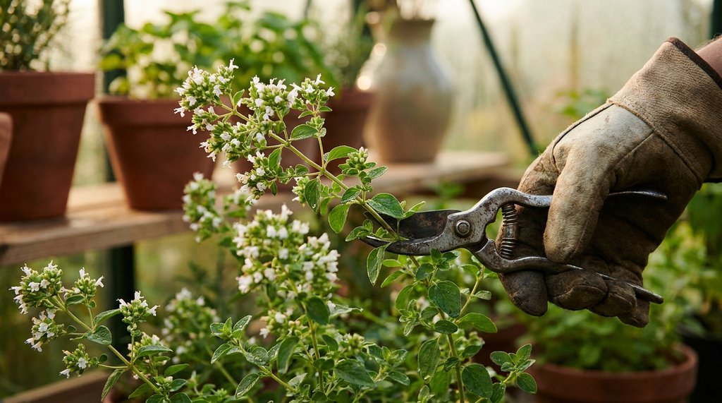 Mão colhendo com tesoura um ramo de orégano no início da floração, com folhas verdes e flores brancas se abrindo