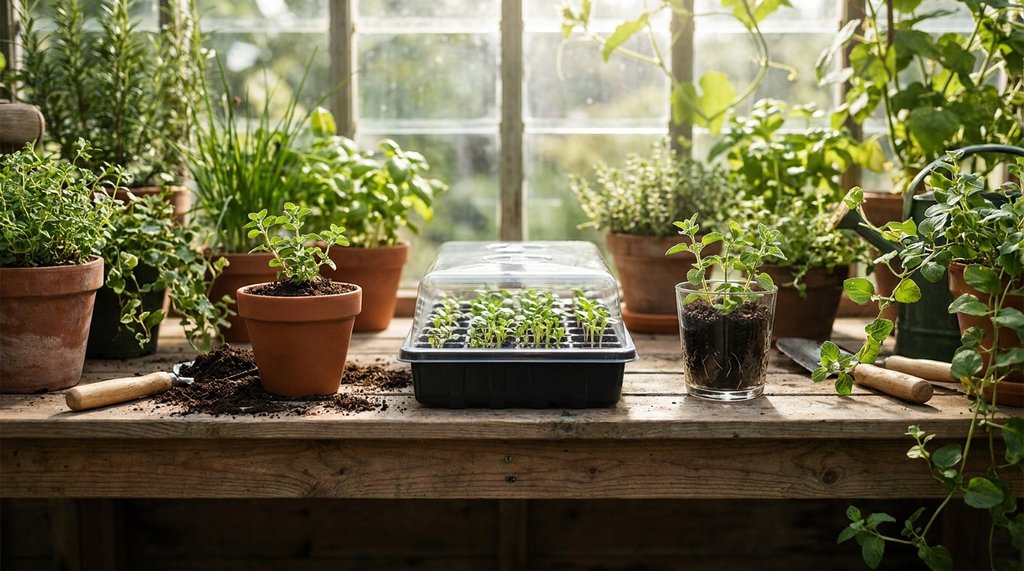 Mãos plantando muda de orégano em vaso de terracota ao lado de bandeja de sementes e estaca enraizando em casa