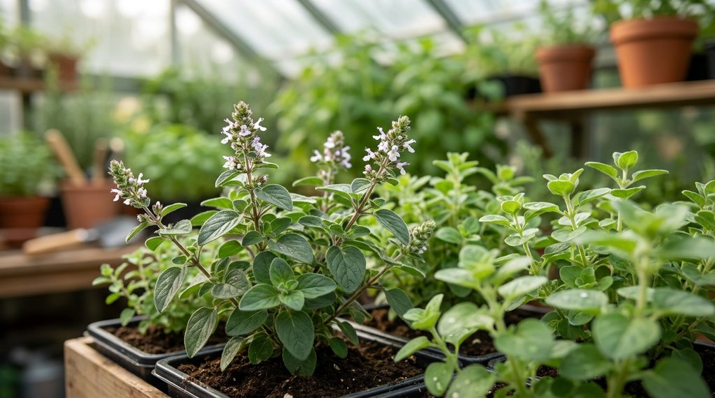 Ramo de orégano fresco em detalhe macro, folhas verdes ovaladas e pequenas flores brancas e violáceas em espiga