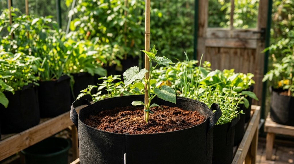 Muda de pepino em vaso de 30 litros com tutor de bambu fincado no substrato escuro em varanda doméstica