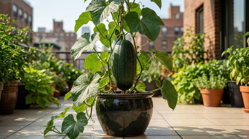 Planta de pepino tutorada em vaso na varanda com frutos verdes maduros pendurados e folhagem densa ao sol