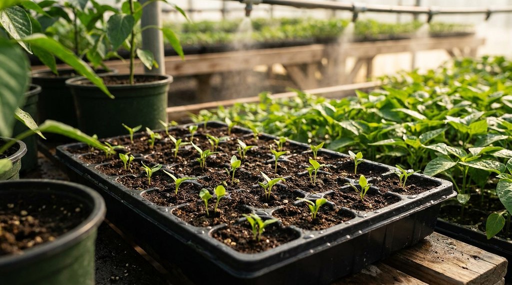Mudas de pimenta recém-emergidas em bandeja de células com substrato pronto para o transplante